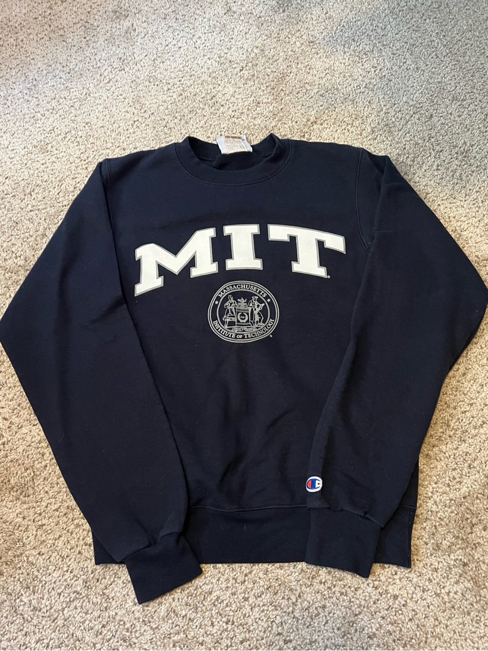 Champion Navy MIT Crewneck with White Lettering